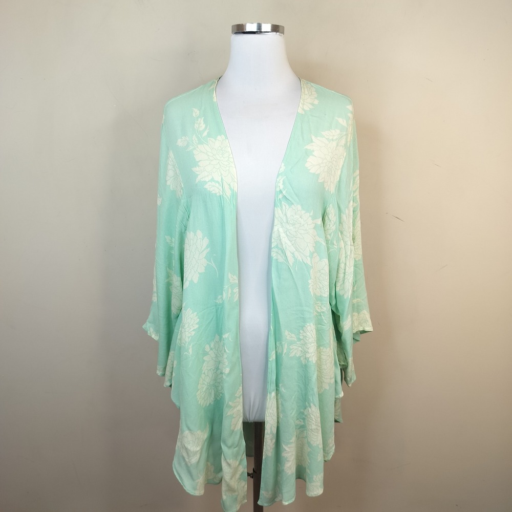 Torrid Floral Kimono Cardigan M/L (00/0/ Womens Tie Front Boho Mint Green